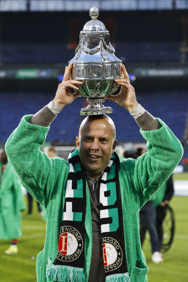 Arne Slot celebrating after his Feyenoord won the Dutch Cup final against NEC Nijmegen in Rotterdam on April 21, 2024