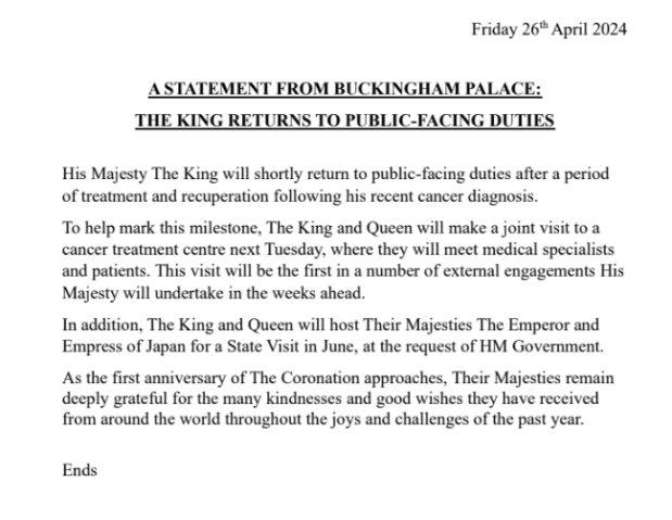 The Buckingham Palace statement in full about King Charles' return to duties