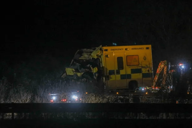 The ambulance she was travelling in crashed into a cement lorry