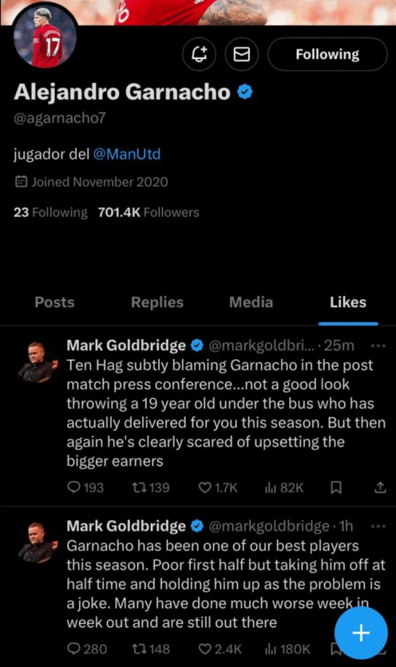 Garnacho liked two tweets from Mark Goldbridge