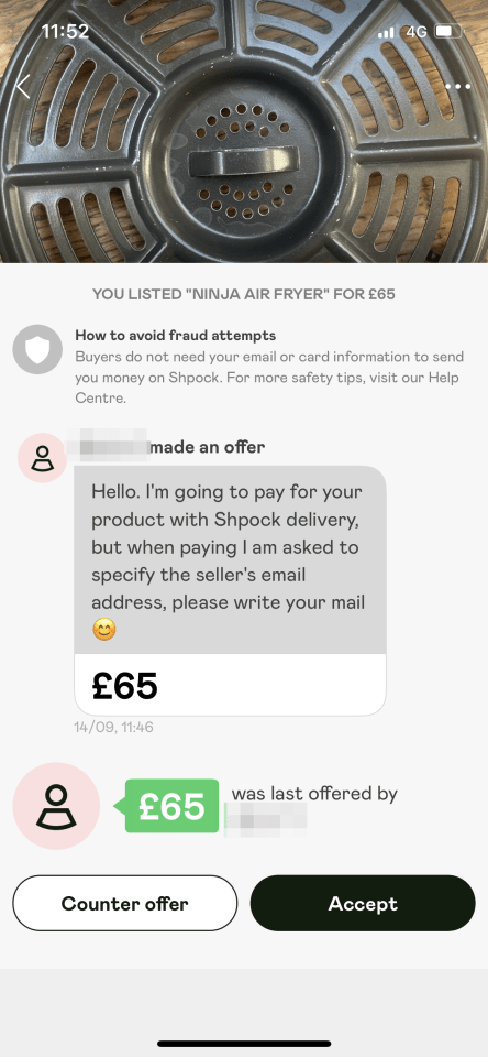 Lynsey listed her air fryer on Shpock and a scammer asked for her email address