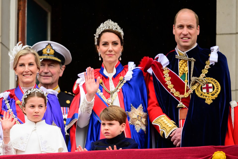 Princess Kate, Prince William and their children on the balcony at the King's coronation