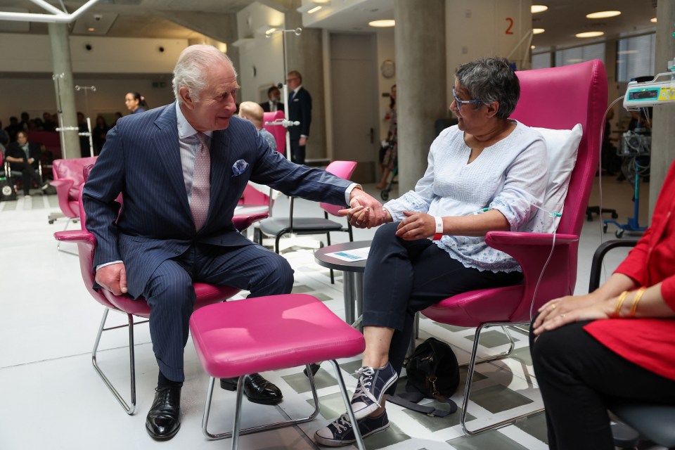 King Charles III meets with patients during a visit at the University College Hospital Macmillan Cancer Centre