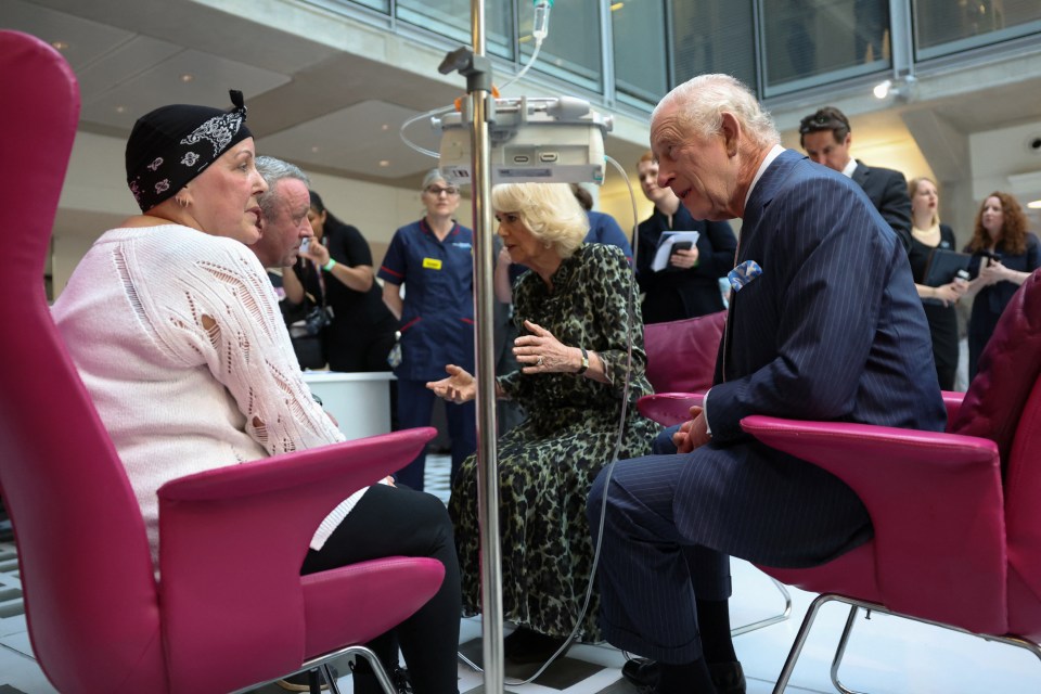 Charles and Camilla meet with Lesley Woodbridge, patient receiving the second round of chemotherapy for sarcoma