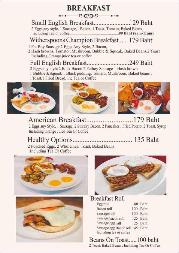 The Pattaya City Witherspoons menu - offering cheap breakfasts for around £3