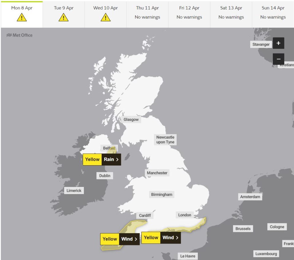 Three parts of the UK are covered in yellow weather warnings which start tonight