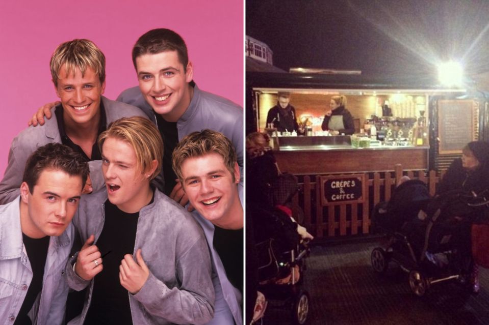 Mark (top right) with his bandmate and serving coffee at a festival