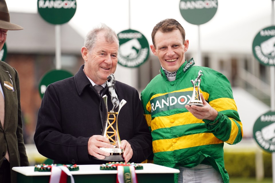 Winning owner JP McManus and Paul Townend celebrate winning the Grand National