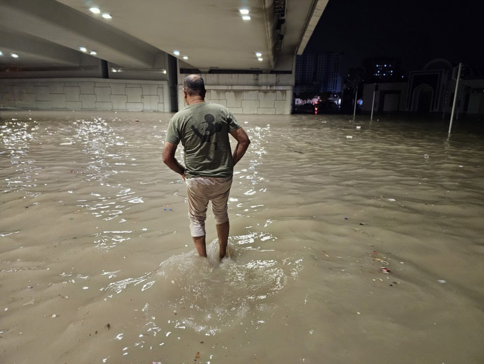 A person wades through a submerged street under a bridge