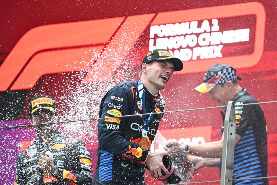 Max Verstappen celebrates after winning the Chinese GP