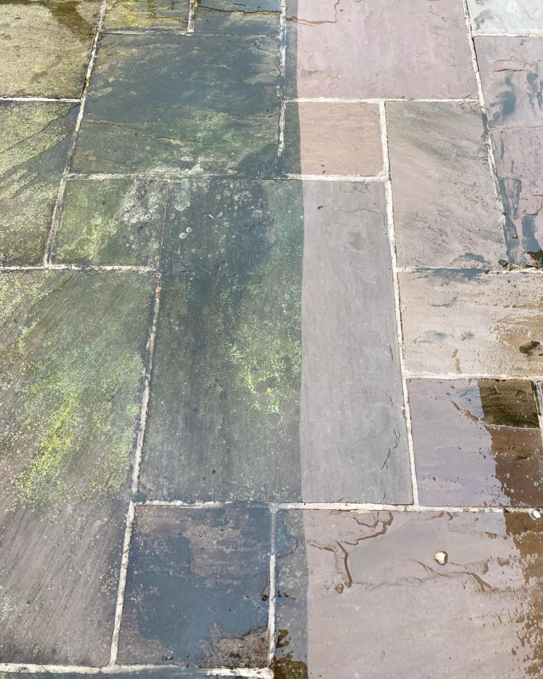 A before (left) and after (right) image of the green algae that has been found on a British patio.