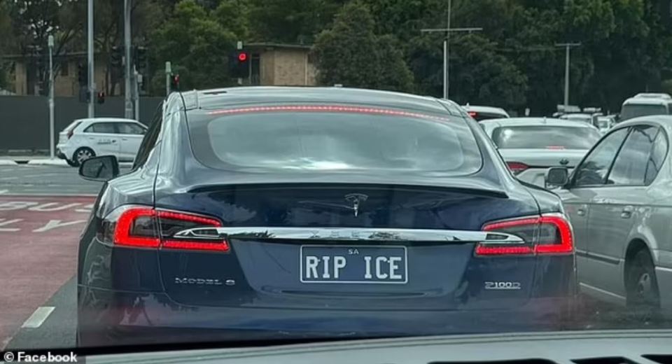 A Tesla was seen in Adelaide, South Australia, with the registration 'RIP ICE'