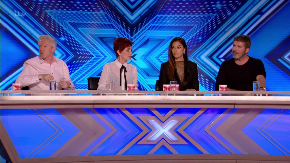 Louis, Sharon, Nicola Scherzinger and Simon are pictured on The X Factor