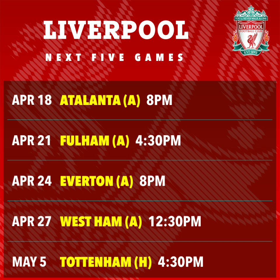 Liverpool's next five games in all competitions