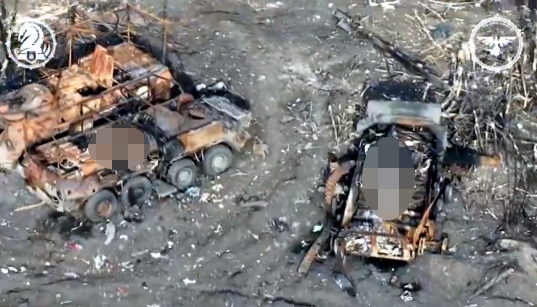 The remains of Russian tanks after a Ukrainian attack on Sunday