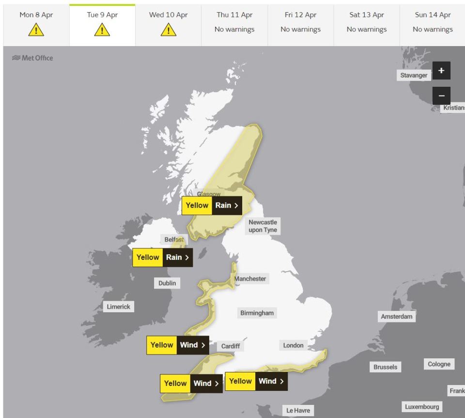 The Met Office has a number of warnings in place for Tuesday