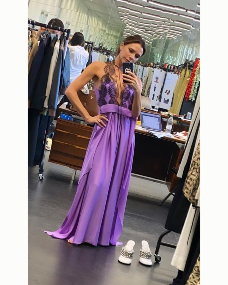 Posh had previously modelled the striking purple dress with black lace detailing on Instagram