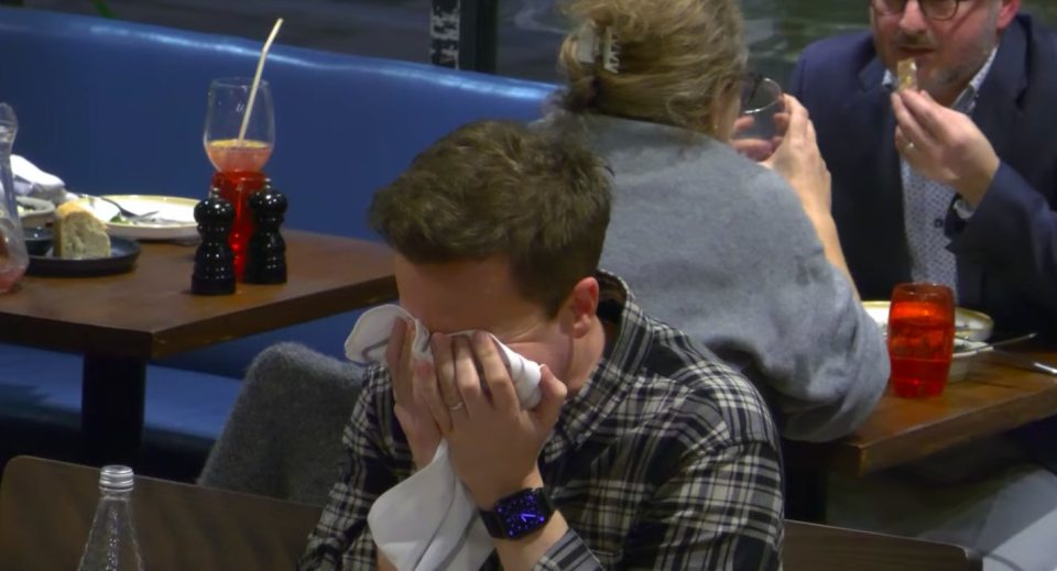 Declan Donnelly cries into a napkin in the final Saturday Night Takeaway