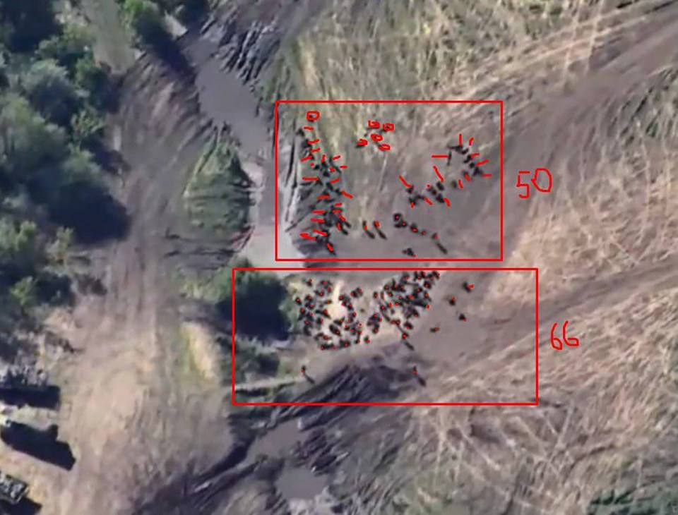 Aerial images show Ukraine lining up to blast more than 100 Russian troops