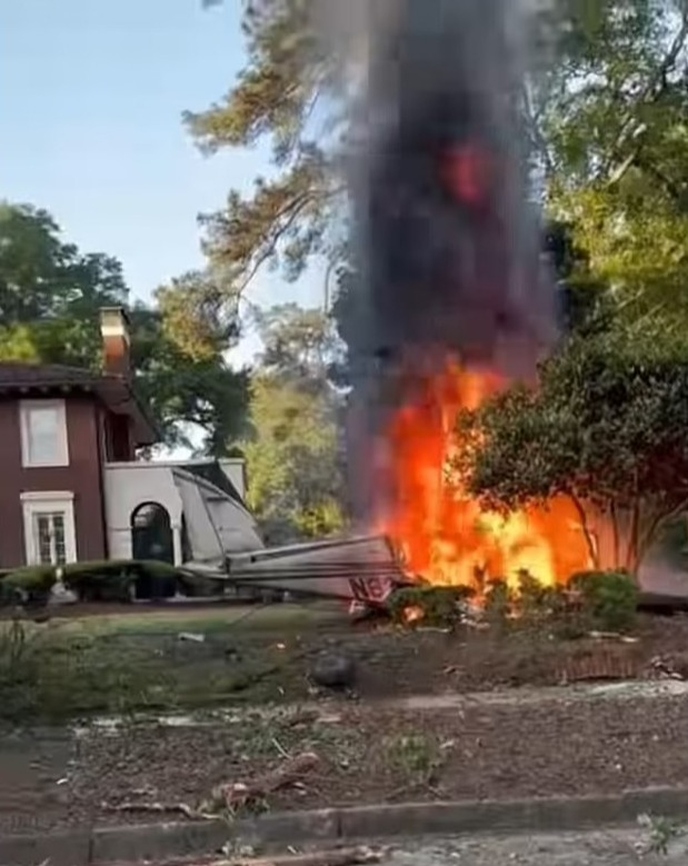 The aircraft went up in flames close to houses