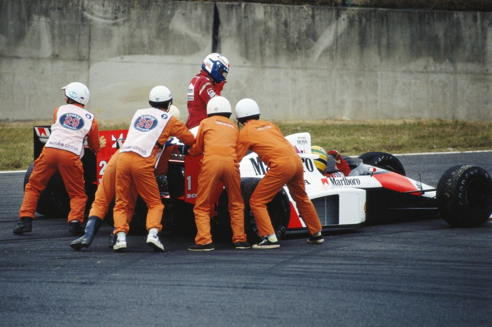 Alain Prost was knocked out a crucial championship race by Senna