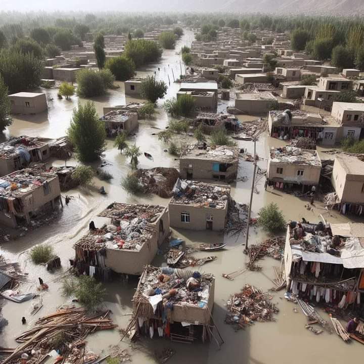 The belongings of residents are seen atop homes in a flooded Afghan province