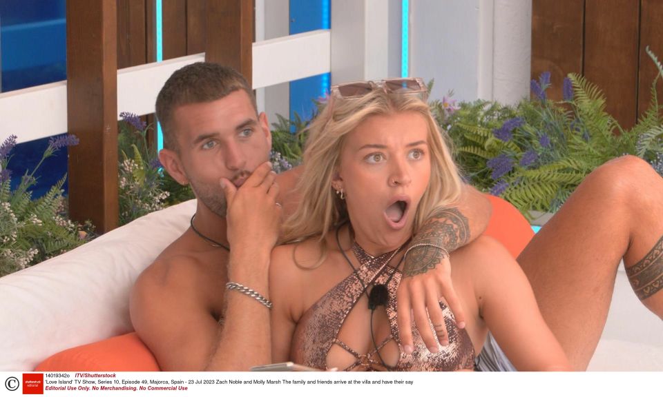 Editorial Use Only. No Merchandising. No Commercial Use..Mandatory Credit: Photo by ITV/Shutterstock (14019342o)..Zach Noble and Molly Marsh..’Love Island’ TV Show, Series 10, Episode 49, Majorca, Spain – 23 Jul 2023..The family and friends arrive at the villa and have their say