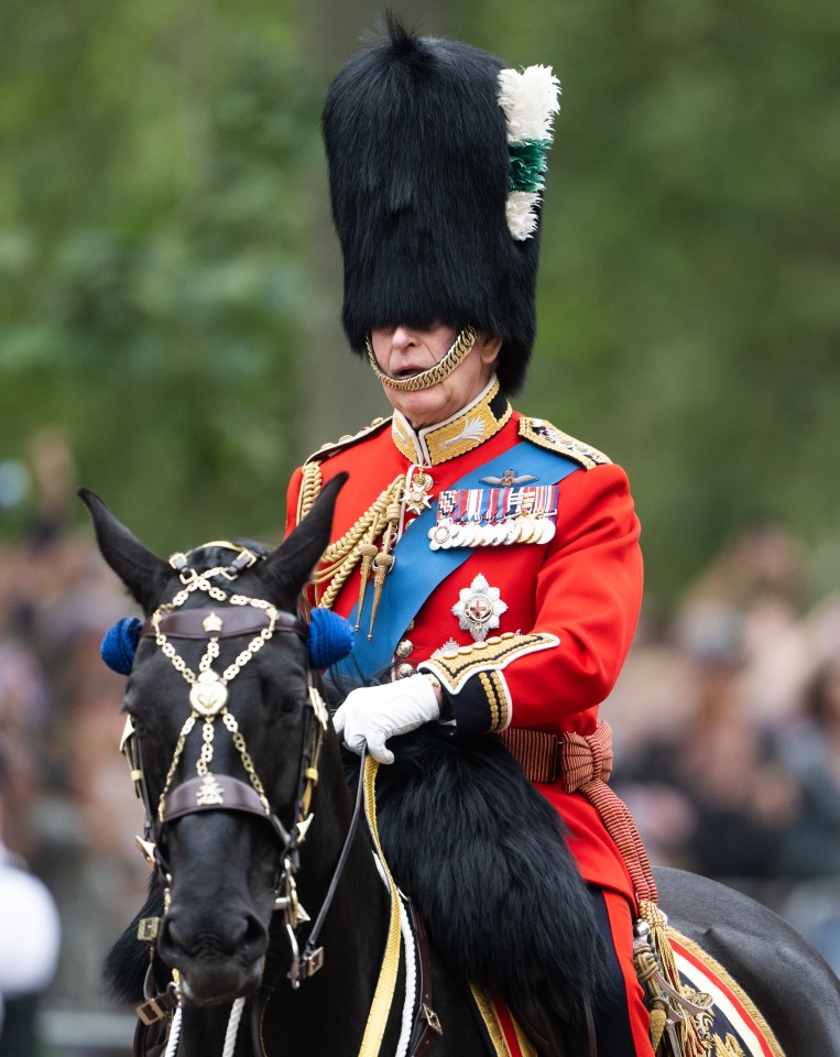 King Charles pictured on horseback during Trooping the Colour on June 17, 2023