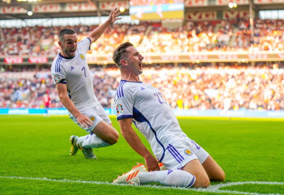 Scotland’s Kenny McLean celebrates scoring vs Norway with John McGinn