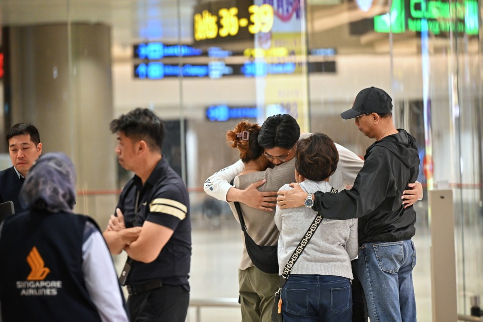 Passengers on the Singapore Airlines flight were seen embracing with their families after the shocking ordeal