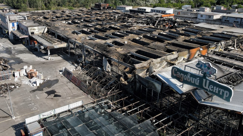 An aerial view of the destroyed construction hypermarket