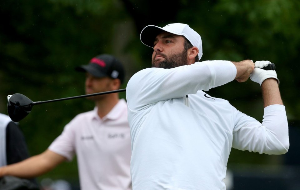 Scheffler tees off during round two of the 2024 PGA Championship, after his arrest