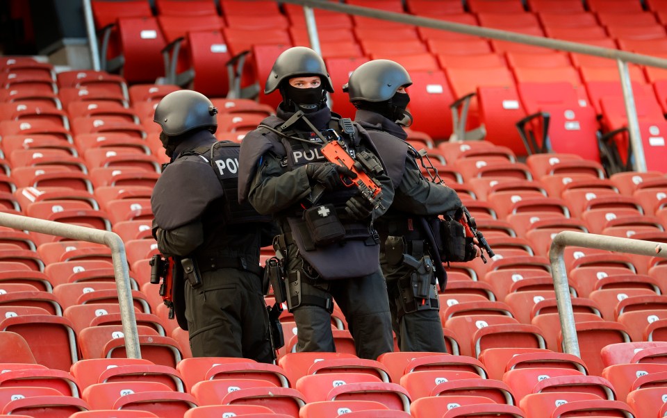 German police take part in an operational drill at the MHP Arena in Stuttgart in preparation for the upcoming Euros