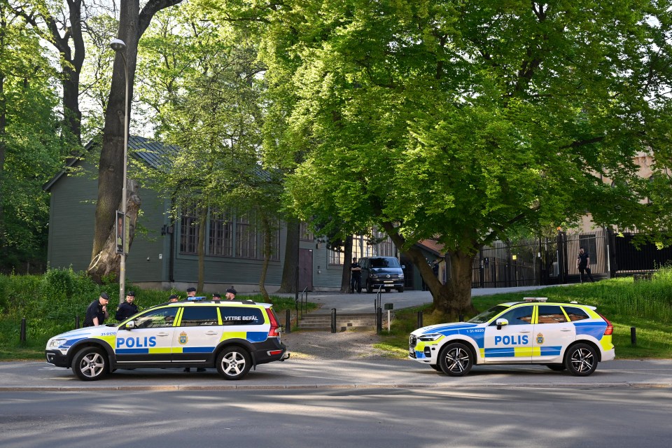 Police cordon off the Storgatan street close to the Israeli embassy on May 17