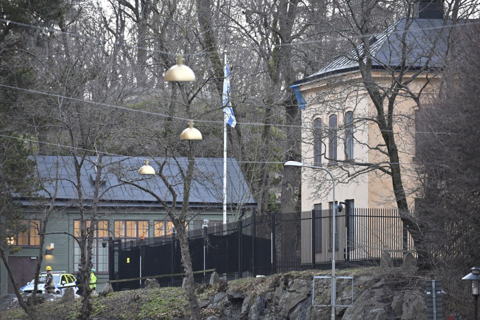 Officers stand near the Israeli Embassy in Stockholm in January