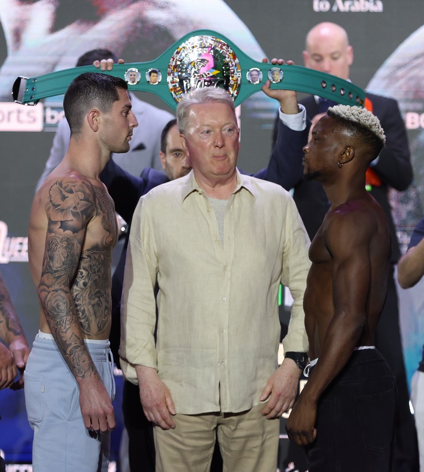 epa11349147 Mark Chamberlain of Great Britain and Joshua Wahab of Nigeria face off during the weigh-in in Riyadh, Saudi Arabia, 17 May 2024. Tyson Fury and Oleksandr Usyk will face each other in the first undisputed heavyweight contest of the 21st century on 18 May 2024 in Riyadh. EPA/ALI HAIDER