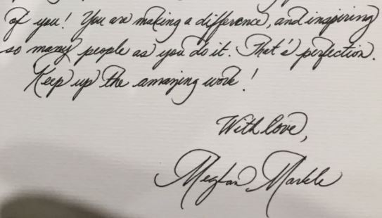 Meghan previously hand wrote her wedding speech as an anniversary gift to Harry. Pictured is a sample of her calligraphy skills