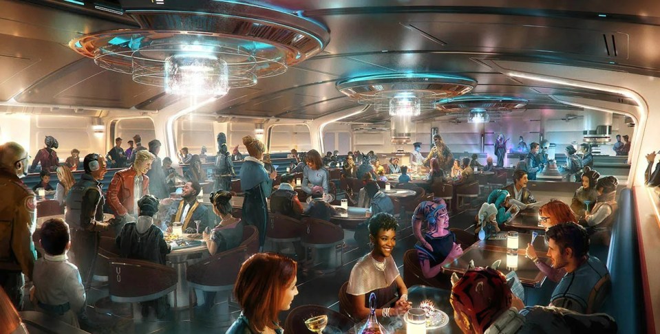 A mock-up of guests eating onboard the ship