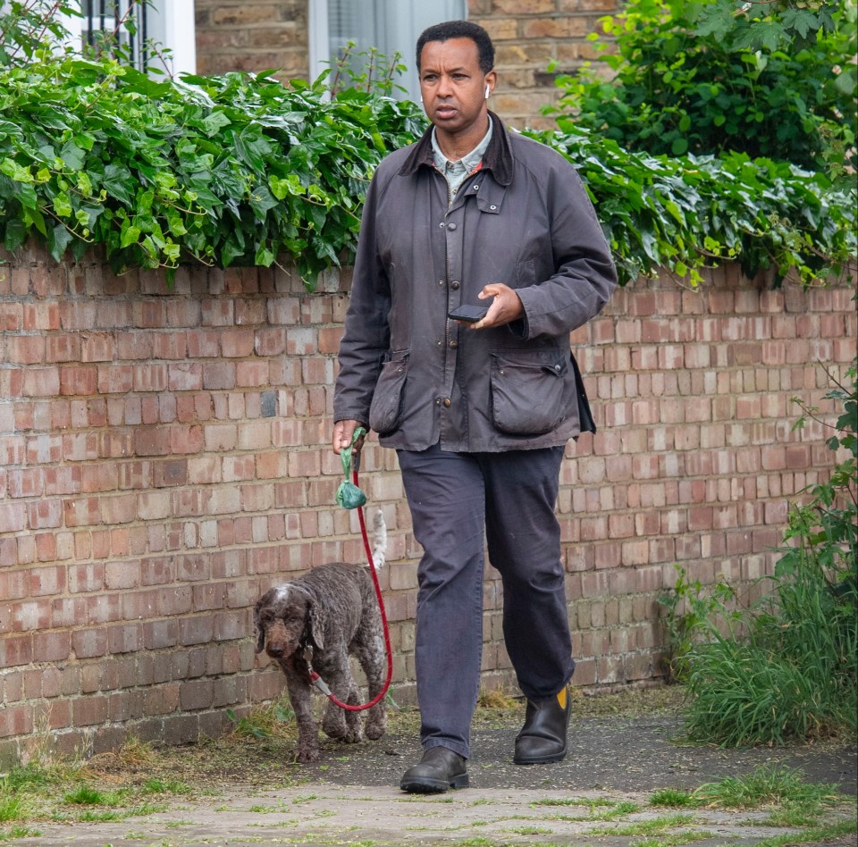 Rageh Omaar was spotted taking his dog for a walk as he continues his recovery from illness