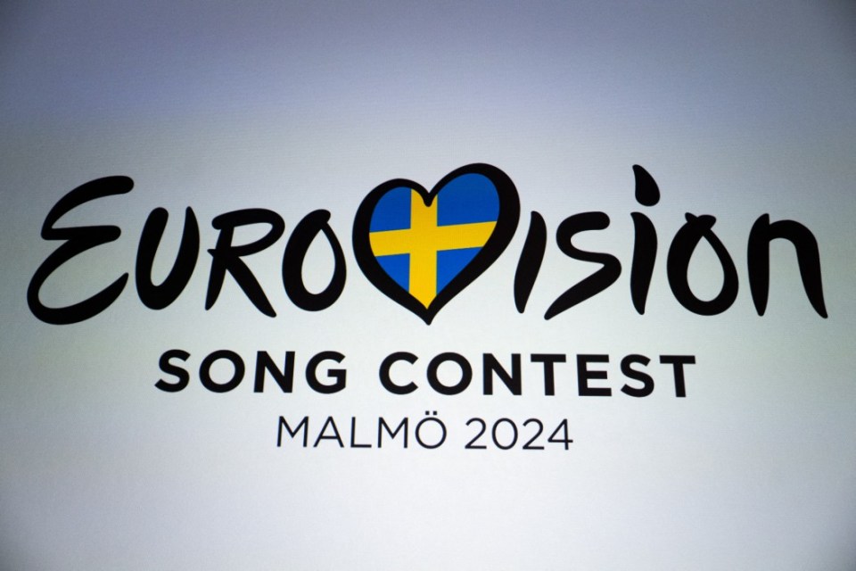 This photograph taken on February 20, 2024 shows the logo of the Eurovision 2024 displayed during a press conference of Belgian singer actor and singer Mustii (aka Thomas Mustin), who will represent Belgium at the song contest, at the headquarters of French-spoken public broadcaster RTBF in Brussels. The contest will be held in Malmo, Sweden, in May. (Photo by LAURIE DIEFFEMBACQ / Belga / AFP) / Belgium OUT (Photo by LAURIE DIEFFEMBACQ/Belga/AFP via Getty Images)