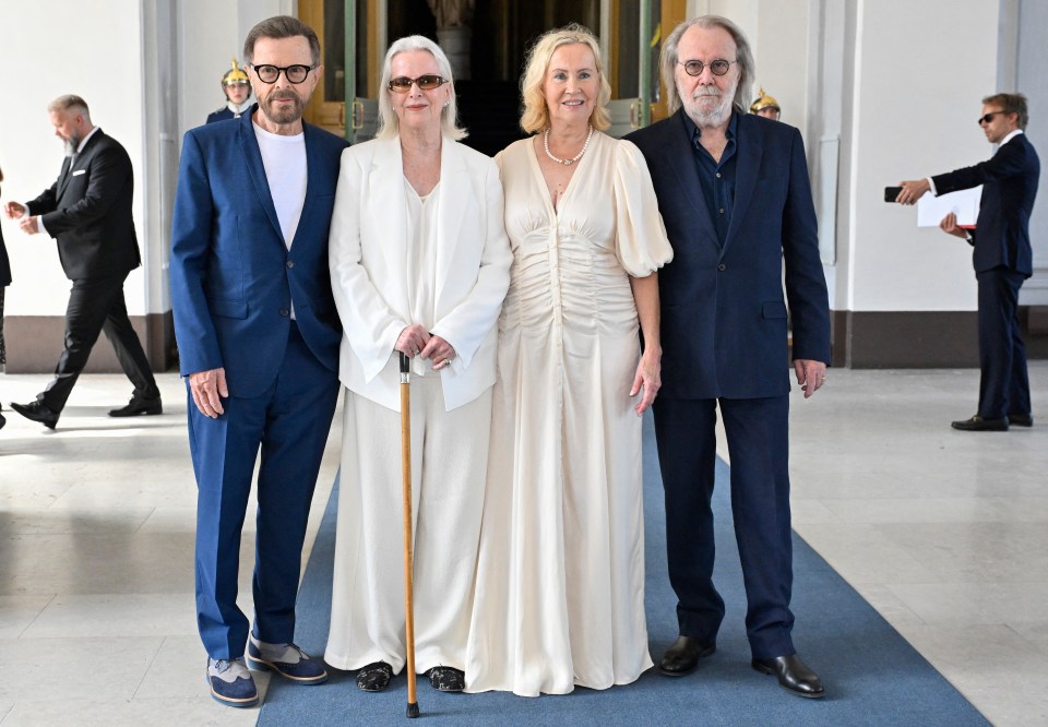 The music group ABBA, Bjorn Ulvaeus, Anni-Frid Lyngstad, Agnetha Faltskog and Benny Andersson pose for a photo after the received the Royal Vasa Order from Sweden's King and Queen during a ceremony at Stockholm Royal Palace on May 31, 2024 for outstanding contributions to Swedish and international music life. (Photo by Henrik Montgomery/TT / TT News Agency / AFP) / Sweden OUT (Photo by HENRIK MONTGOMERY/TT/TT News Agency/AFP via Getty Images)