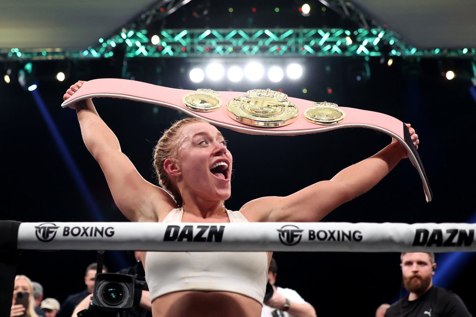 LEEDS, ENGLAND - JANUARY 20: Elle Brooke celebrates with her belt after victory in the Misfits Boxing Female Middleweight title fight between Andrea Jane (AJ) Bunker and Elle Brooke at First Direct Arena on January 20, 2024 in Leeds, England. (Photo by George Wood/Getty Images)