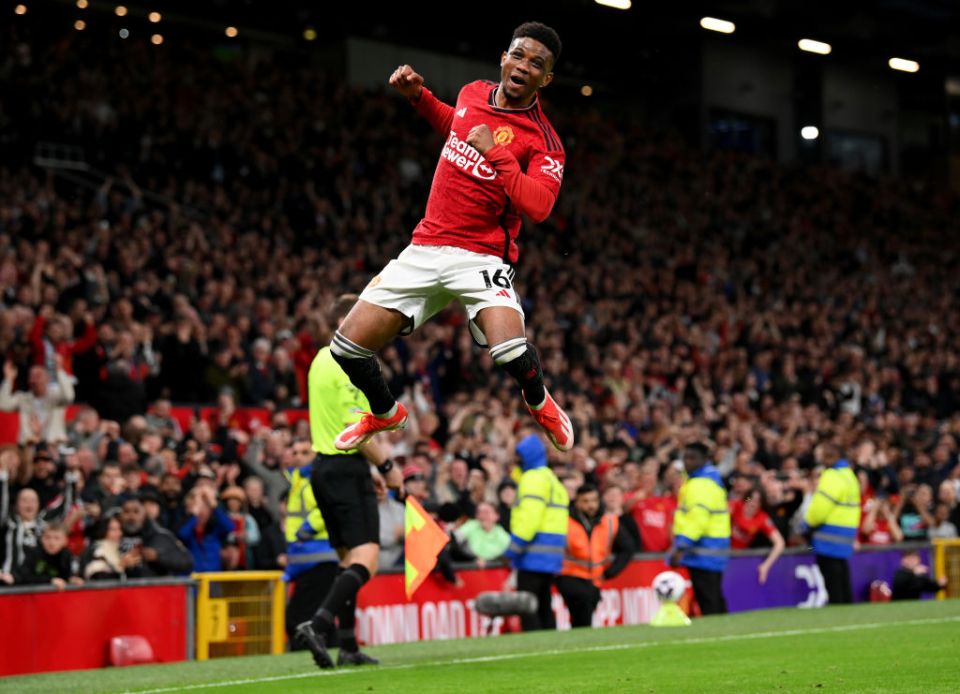 MANCHESTER, ENGLAND - MAY 15: Amad Diallo of Manchester United celebrates scoring his team's second goal during the Premier League match between Manchester United and Newcastle United at Old Trafford on May 15, 2024 in Manchester, England. (Photo by Stu Forster/Getty Images)