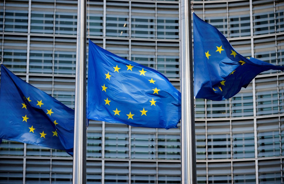 FILE PHOTO: European Union flags fly outside the European Commission headquarters in Brussels, Belgium, March 1, 2023. REUTERS/Johanna Geron/File Photo