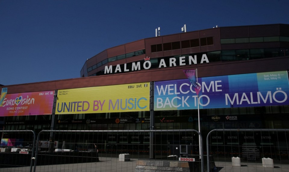 A view of signs for the Eurovision Song Contest outside the Malmo Arena, the venue for the contest, in Malmo, Sweden, May 2, 2024. REUTERS/ Tom Little