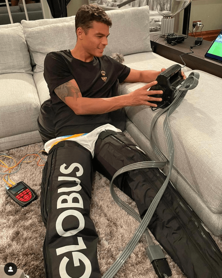 After games, Silva uses NormaTec's pulse massaging trousers to ease his aching muscles