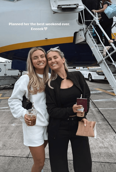 two women standing next to each other in front of an airplane with the caption planned her the best weekend ever