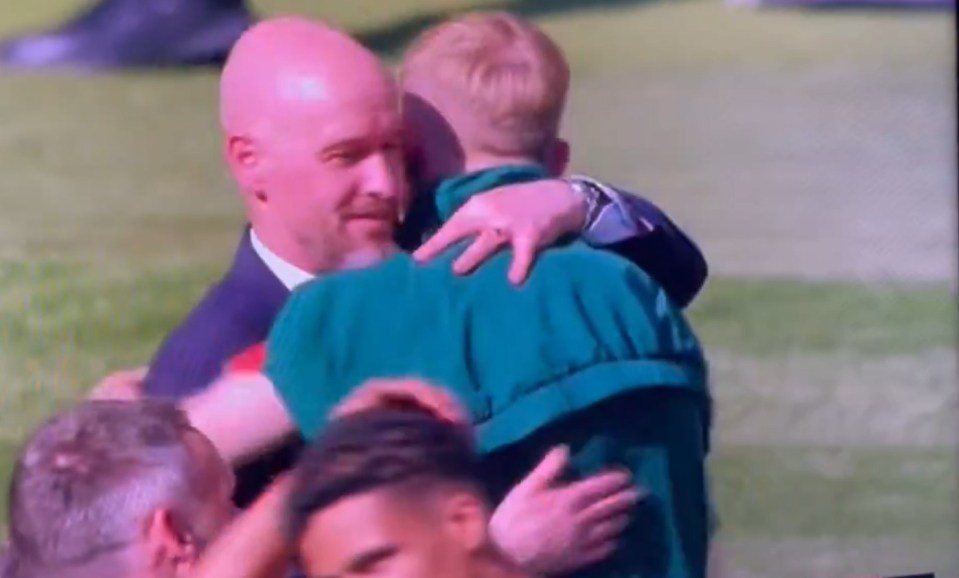 Erik ten Hag embraced youngster Toby Collyer at the end of the FA Cup final