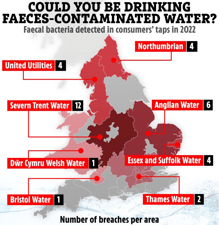 Areas where faecal bacteria breaches were reported in 2022 – after residents in South Devon were struck with cryptosporidium and forced to boil their tap water