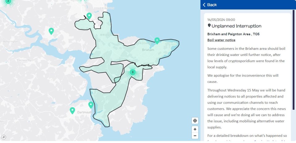 South West Water released this map of Brixham yesterday outlining the areas where residents must boil their water